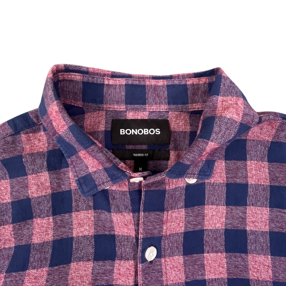 BONOBOS Tailored Fit Plaid Button Down Shirt Mens Medium Navy Pink Pocket Casual - Picture 2 of 8